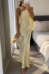 Light Yellow One Shoulder Scarf Satin Midi Dress