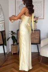 Light Yellow One Shoulder Scarf Satin Midi Dress