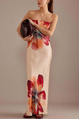 Bold Floral Bandeau Satin Maxi Dress