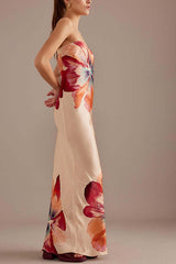 Bold Floral Bandeau Satin Maxi Dress