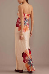 Bold Floral Bandeau Satin Maxi Dress