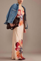 Bold Floral Bandeau Satin Maxi Dress