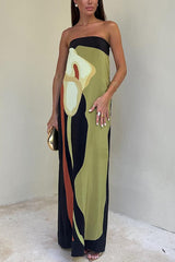 Green Abstract Print Strapless Maxi Dress