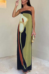 Green Abstract Print Strapless Maxi Dress
