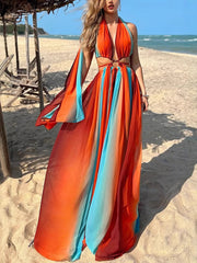 Bold Colorful Striped Halter Maxi Dress