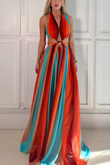 Bold Colorful Striped Halter Maxi Dress