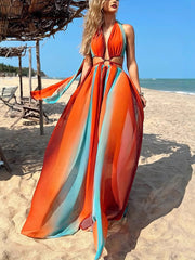 Bold Colorful Striped Halter Maxi Dress