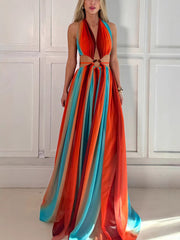Bold Colorful Striped Halter Maxi Dress