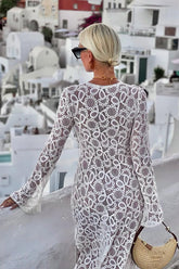 White Crochet Lace Long Sleeves Midi Dress