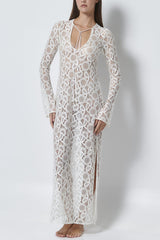 White Crochet Lace Long Sleeves Midi Dress