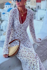 White Crochet Lace Long Sleeves Midi Dress