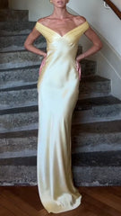 Butter Yellow Satin Elegant Maxi Dress