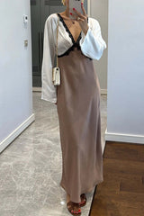 Color Block Satin Lace Trim Long Sleeve Maxi Dress