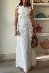 White Embroidery Crochet Flower Maxi Dress