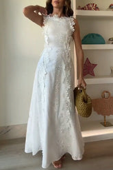 White Embroidery Crochet Flower Maxi Dress