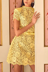 Yellow Crochet Lace Short Sleeve Mini Dress