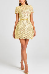 Yellow Crochet Lace Short Sleeve Mini Dress