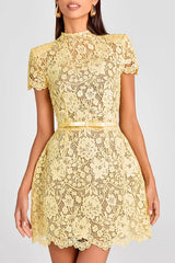 Yellow Crochet Lace Short Sleeve Mini Dress