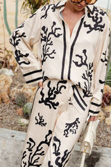 Beige Silhouette Print Button Down Satin Blouse