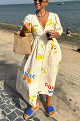 Beige Floral Short Sleeves Linen Midi Dress