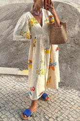 Beige Floral Short Sleeves Linen Midi Dress