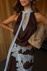 Brown Top and Midi Skirt Satin Paneled Lace Two-Piece Set