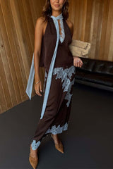 Brown Top and Midi Skirt Satin Paneled Lace Two-Piece Set