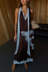 Brown Top and Midi Skirt Satin Paneled Lace Two-Piece Set