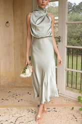 Light Green Satin Cowl Neck Midi Dress