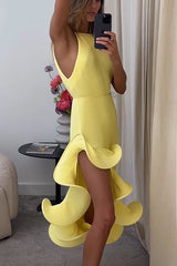 Solid Irregular Ruffle Midi Dress