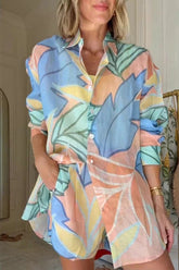 Artistic Foliage Print Shirt And Shorts Matching Sets