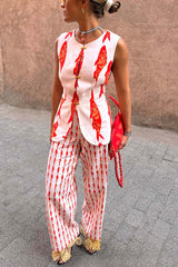 Red Fish Print Tank And Pants Linen Matching Sets