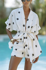 White Polka Dot Print Blouse And Skirt Matching Sets