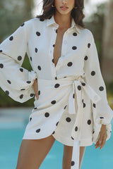 White Polka Dot Print Blouse And Skirt Matching Sets