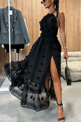 Pom Pom Halter Backless Slit Maxi Dress