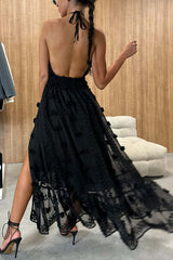 Pom Pom Halter Backless Slit Maxi Dress