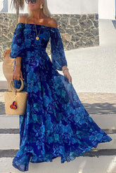 Blue Floral Off Shoulder Maxi Dress