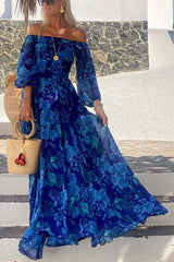 Blue Floral Off Shoulder Maxi Dress