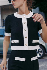 Contrast Short Sleeved Top and Pants Knitted Two Peice Suit