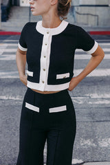 Contrast Short Sleeved Top and Pants Knitted Two Peice Suit