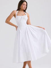White Pleated Waist Halter Midi Dress