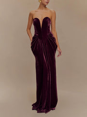 Plum Strapless Velvet Bandeau Maxi Dress