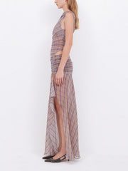 Purple Gingham Print High Slit Maxi Dress