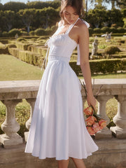 White Pleated Waist Halter Midi Dress