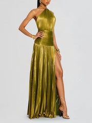 Metallic Green High Slit Maxi Dress