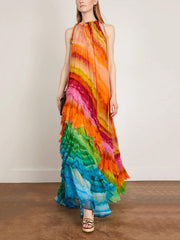 Multicolor Patterned Halter Maxi Dress