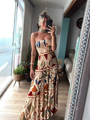 Boho Geo Print Strapless Maxi Dress