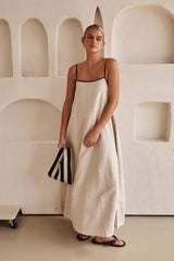 Casual Beige Linen Slip Maxi Dress