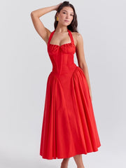 Red Pleated Waist Halter Midi Dress