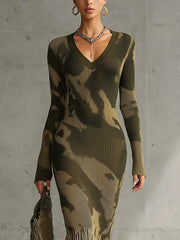 Olive Camo Knit Fringe Hem Midi Dress